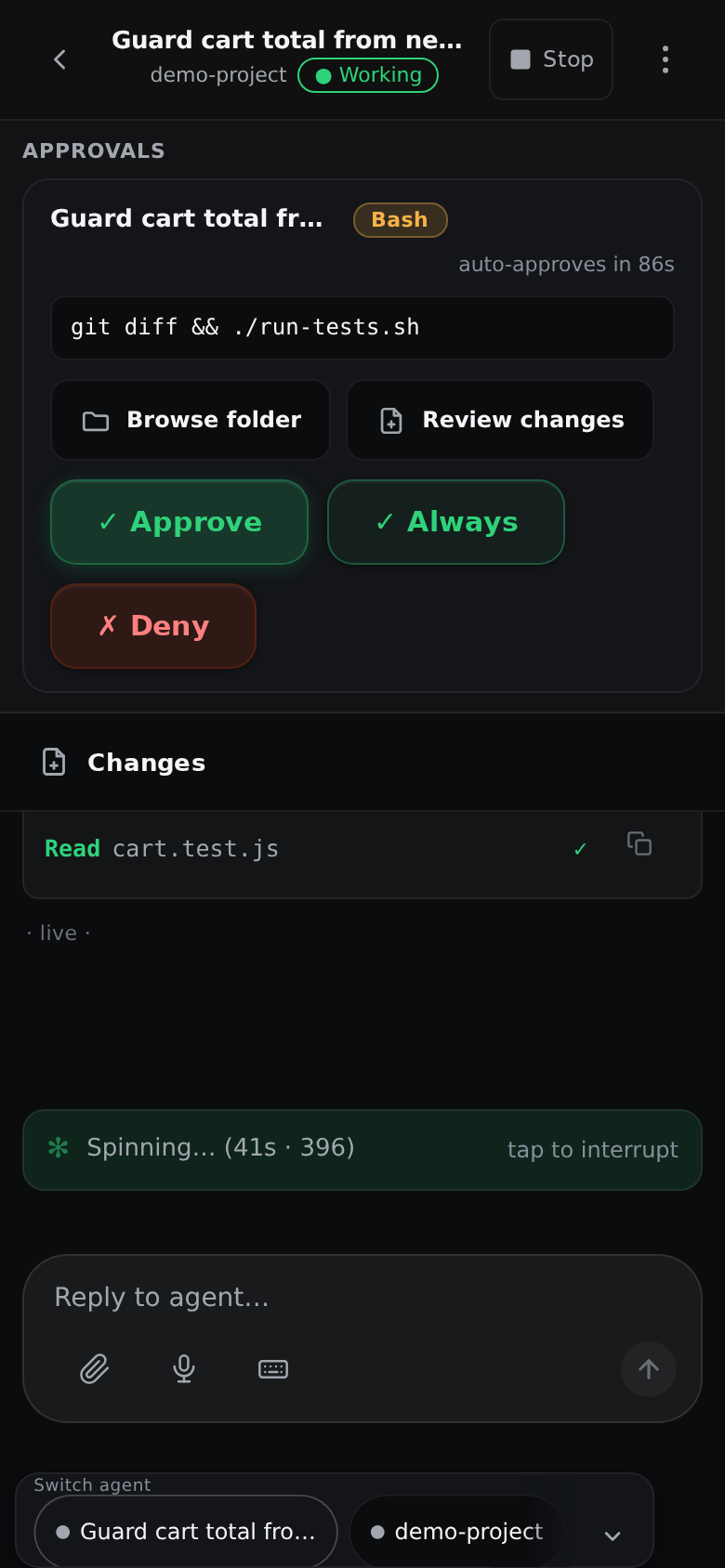 DevReins phone cockpit showing a Claude Code approval request and agent transcript